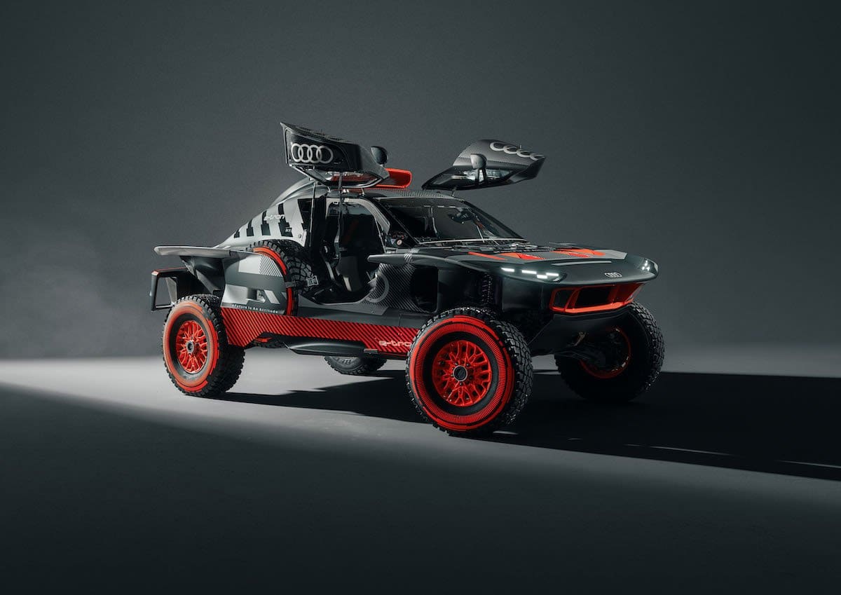 Audi RS Q e-tron E2 rally car in a studio